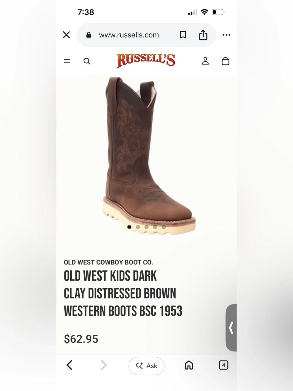 Old West Kids Dark Clay Distressed Brown Western Boots BSC1953 Kids Size 1D